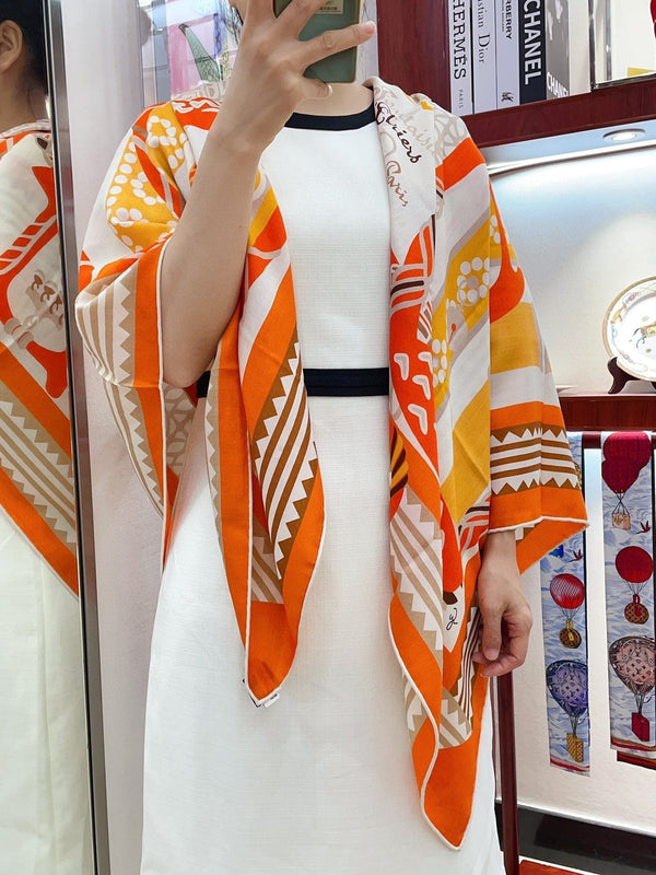 Fantaisie d'Etriers Shawl 135 CM Orange Colorful Cashmere And Silk 402081