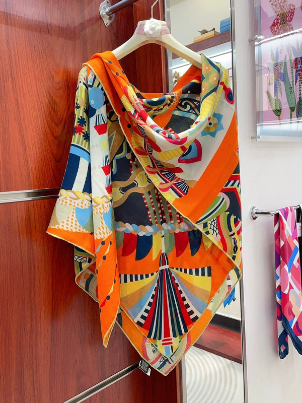 Haute Parure Scarf 135 CM Orange Colorful Cashmere And Silk 405068