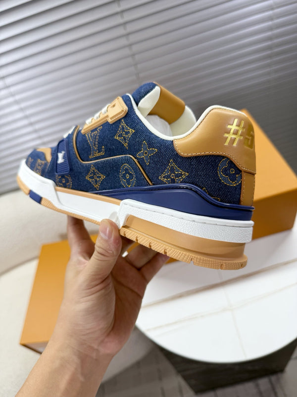LV 1AJ360 Trainer Blue Monogram-embroidered Denim Cafskin 511760