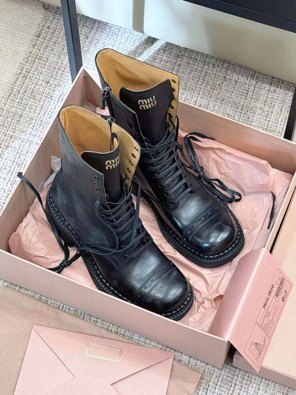 Miu Short Boots Black Paint Calfskin