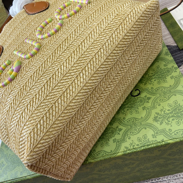 SMALL 35 STRAW-EFFECT TOTE BROWN MIX BEIGE