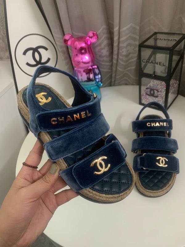 CC 26s Strappy Sandals In Navy Blue Velvet With Rope Sole Gold Hardware