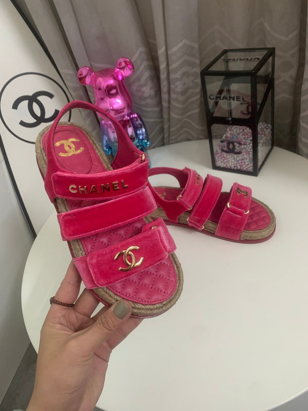 CC 26s Strappy Sandals In Pink Velvet With Rope Sole Gold Hardware