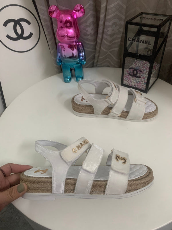 CC 26s Strappy Sandals In White Velvet With Rope Sole Gold Hardware