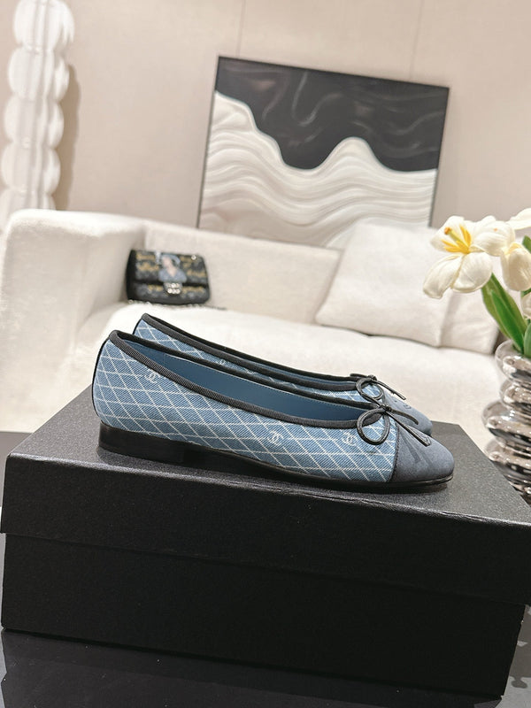 cc 25c ballet flat cross line pattern blue denim 237479
