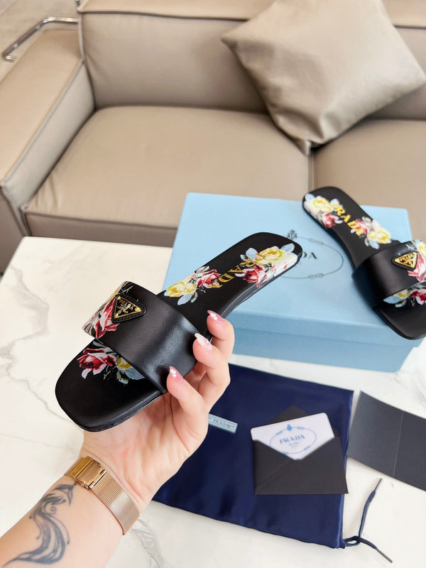 PRA PRINTED SLIDES SLIPPERS BLACK LAMBSKIN
