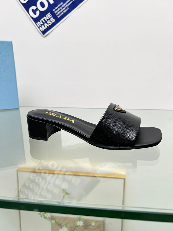 Prad 26s Saffiano Slides 4cm Black Glossy Leather 986628
