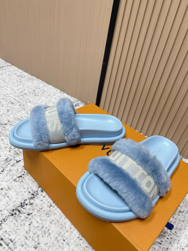 LV 25SS FW Platform Slippers Blue Canvas Wool 533771