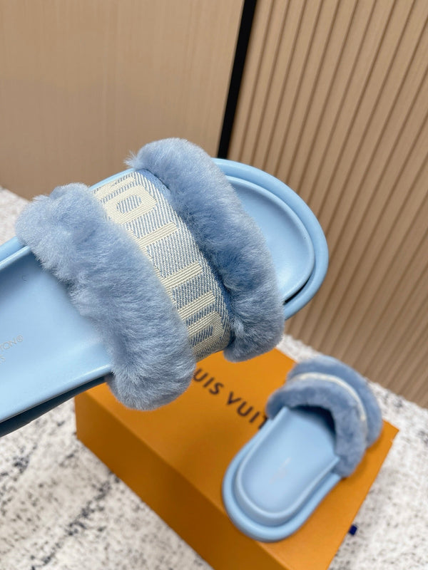 LV 25SS FW Platform Slippers Blue Canvas Wool 533771
