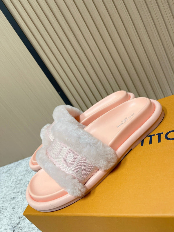 LV 25SS FW Platform Slippers Pink Canvas Wool 533772