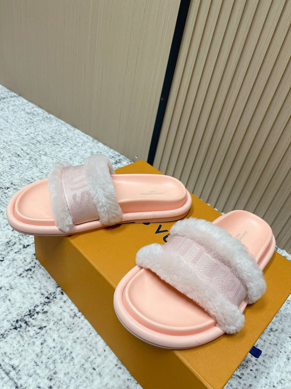 LV 25SS FW Platform Slippers Pink Canvas Wool 533772