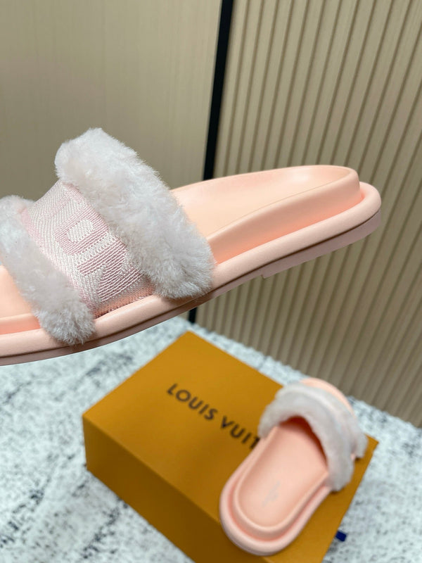 LV 25SS FW Platform Slippers Pink Canvas Wool 533772