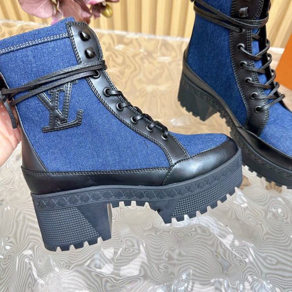 LV Laureate Platform Desert Boot 70mm Dark Blue Denim Fabric