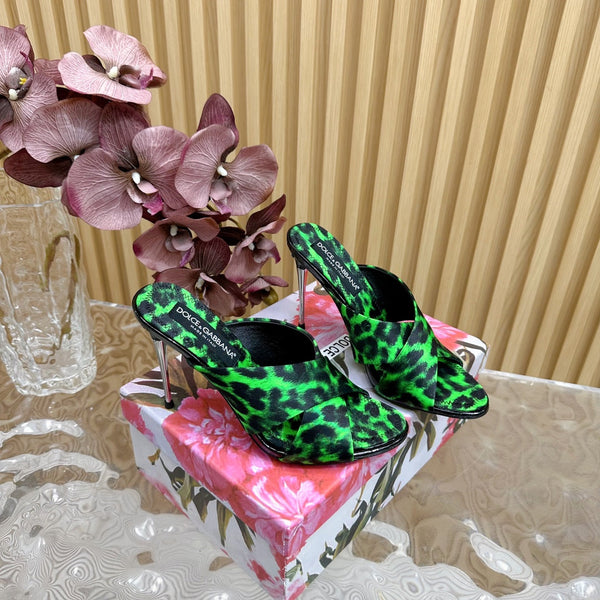 DC Keira Open-Toe Mules Green Leopard-Print & Sheepskin 926001