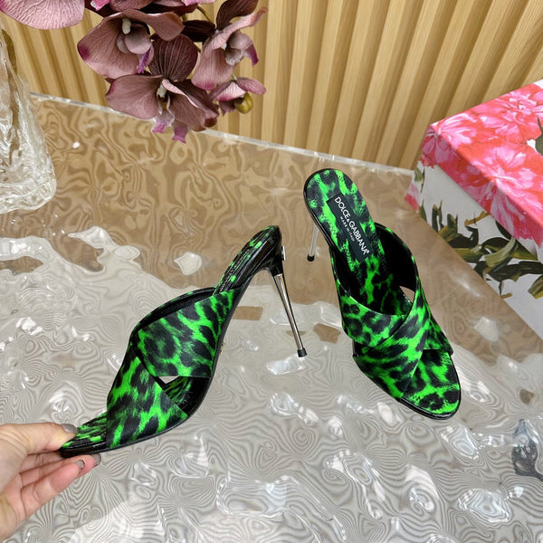 DC Keira Open-Toe Mules Green Leopard-Print & Sheepskin 926001