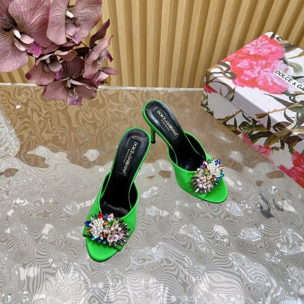DC Rhinestone Buckle Mules Green Silk & Sheepskin 926018