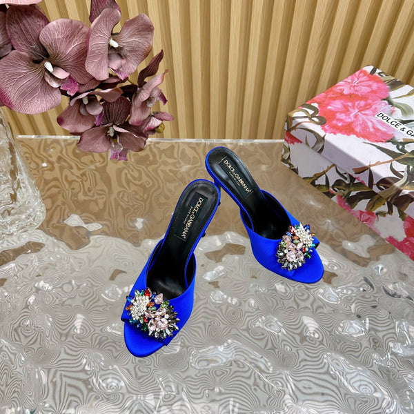 DC Rhinestone Buckle Mules Blue Silk & Sheepskin 926024