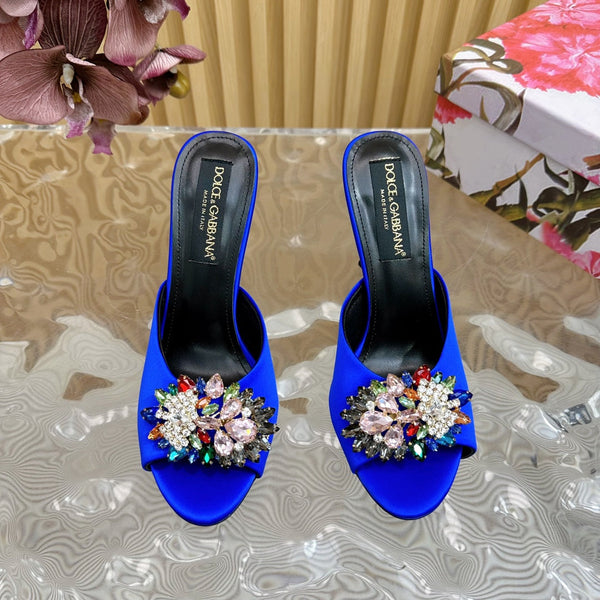 DC Rhinestone Buckle Mules Blue Silk & Sheepskin 926024