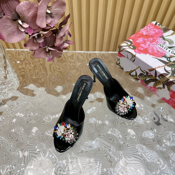 DC Rhinestone Buckle Mules Black Silk & Sheepskin 926030