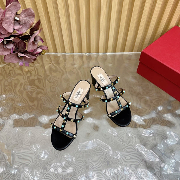 Rockstud Leather Caged Mule Sandals 60mm Black Sheepskin 307862