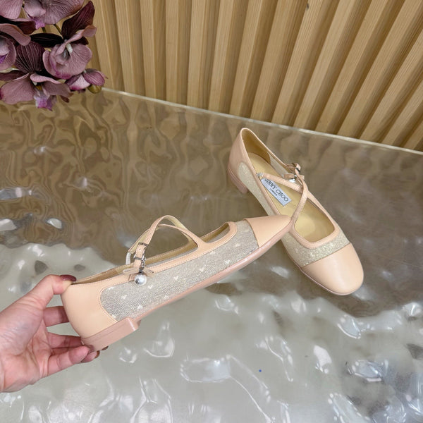 Jimmy Choo Mary Jane Flat Shoes Nude Mesh Leather 537764