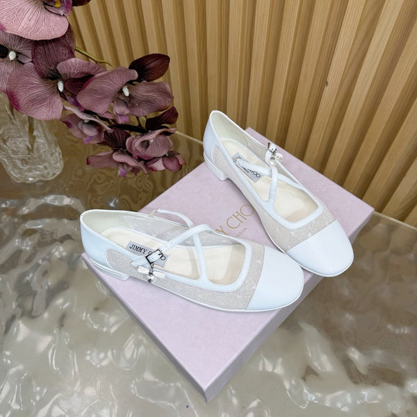 Jimmy Choo Mary Jane Flat Shoes White Mesh Leather 537766