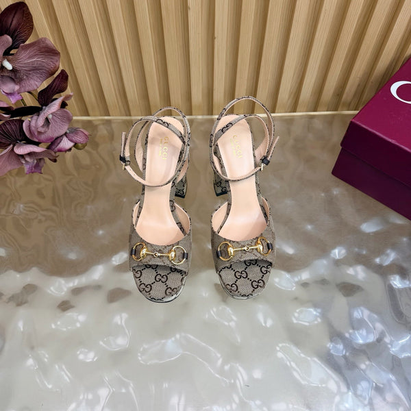 GG 26s Horsebit Platform Sandals 11cm Beige Brown Canvas 886501
