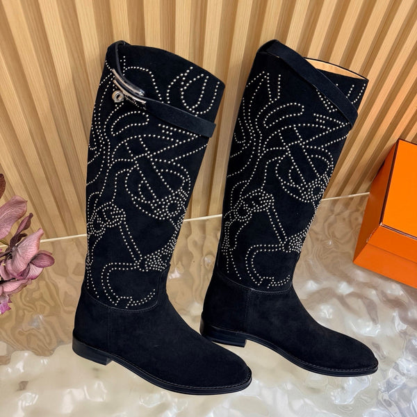 HM 26S Studded Jumping Boots 3cm Black Suede 114940