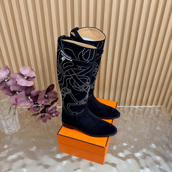 HM 26S Studded Jumping Boots 3cm Black Suede 114940