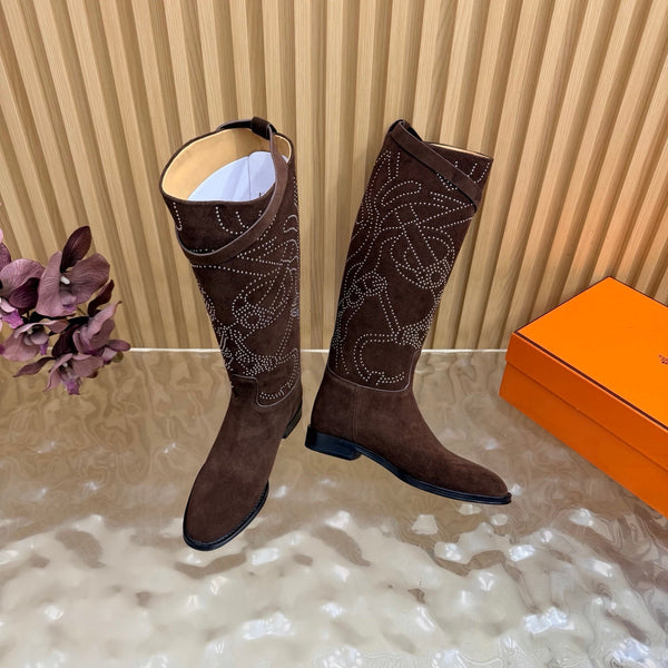 HM 26S Studded Jumping Boots 3cm Brown Suede 114941
