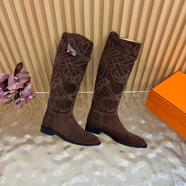 HM 26S Studded Jumping Boots 3cm Brown Suede 114941