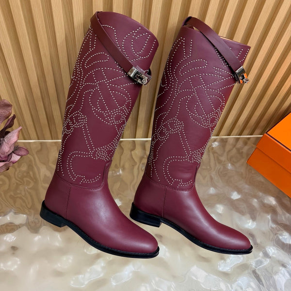 HM 26S Studded Jumping Boots 3cm Burgundy Leather 114942