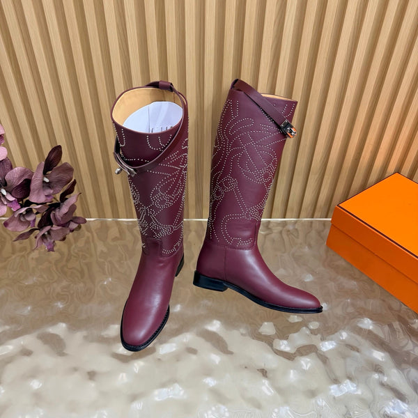 HM 26S Studded Jumping Boots 3cm Burgundy Leather 114942