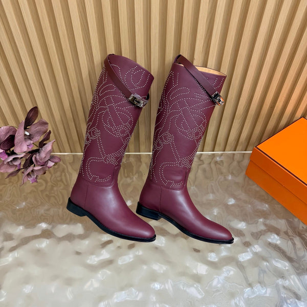 HM 26S Studded Jumping Boots 3cm Burgundy Leather 114942