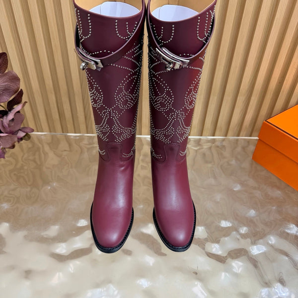 HM 26S Studded Jumping Boots 3cm Burgundy Leather 114942