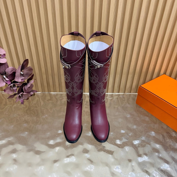 HM 26S Studded Jumping Boots 3cm Burgundy Leather 114942