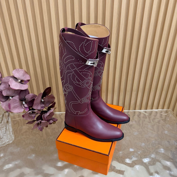 HM 26S Studded Jumping Boots 3cm Burgundy Leather 114942