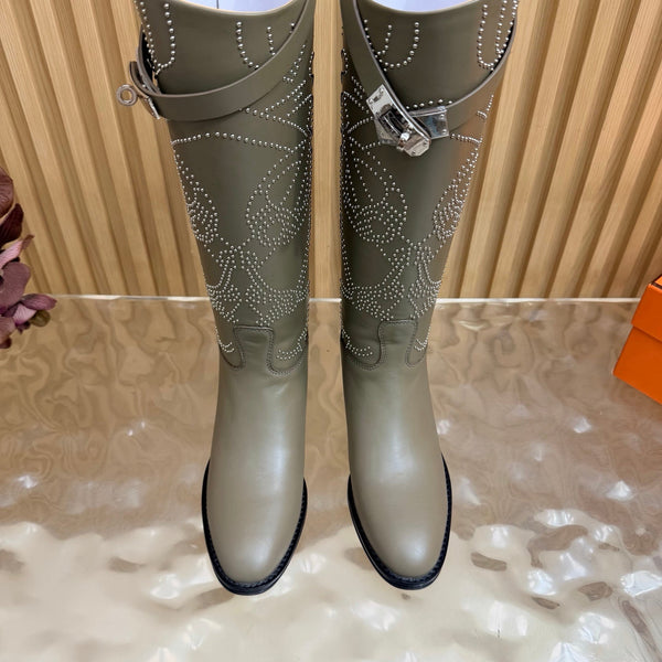 HM 26S Studded Jumping Boots 3cm Khaki Leather 114943