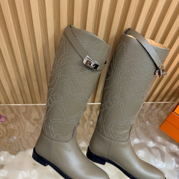 HM 26S Studded Jumping Boots 3cm Khaki Leather 114943