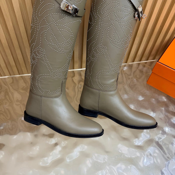 HM 26S Studded Jumping Boots 3cm Khaki Leather 114943