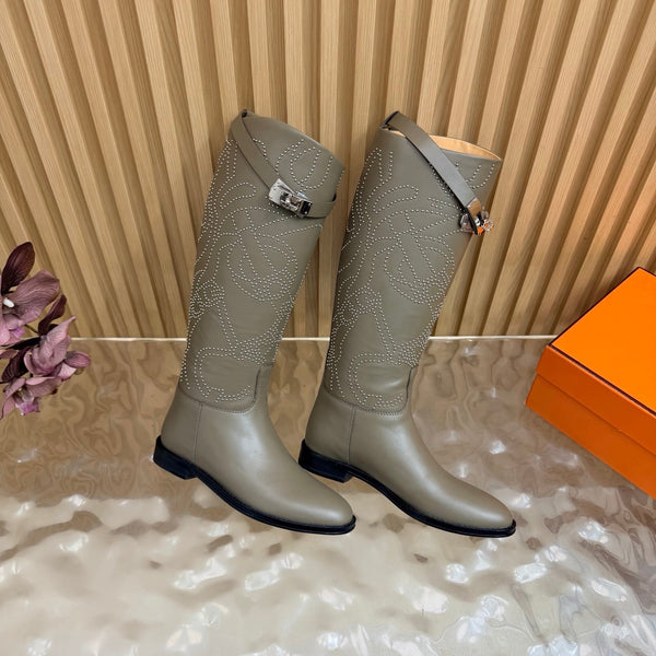 HM 26S Studded Jumping Boots 3cm Khaki Leather 114943