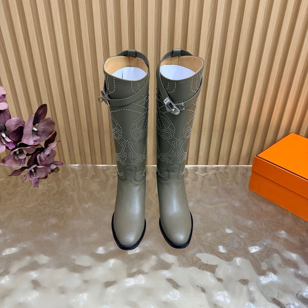 HM 26S Studded Jumping Boots 3cm Khaki Leather 114943