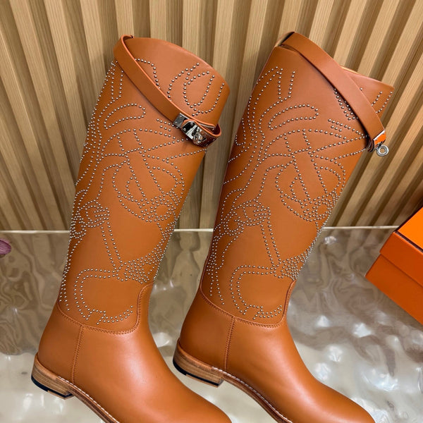 Hermes 26S Studded Jumping Boots 3cm Tan Leather 114944