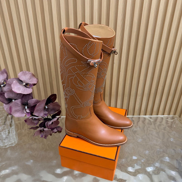 Hermes 26S Studded Jumping Boots 3cm Tan Leather 114944