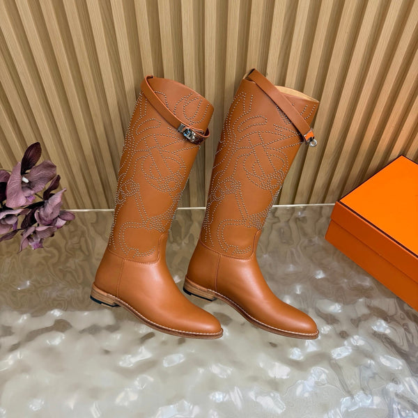 Hermes 26S Studded Jumping Boots 3cm Tan Leather 114944