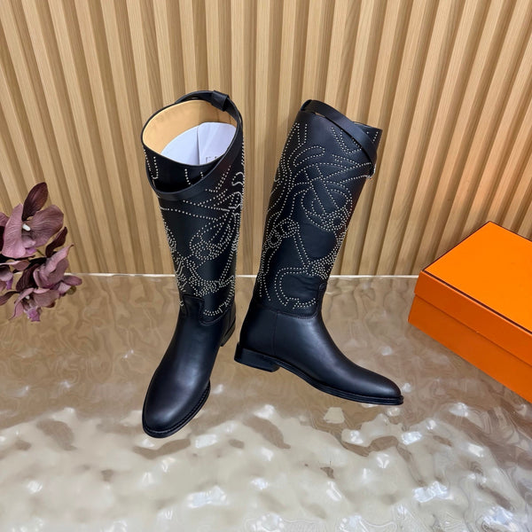 Hermes 26S Studded Jumping Boots 3cm Black Leather 114945