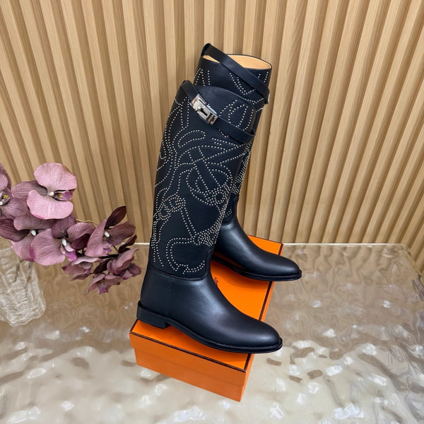 Hermes 26S Studded Jumping Boots 3cm Black Leather 114945