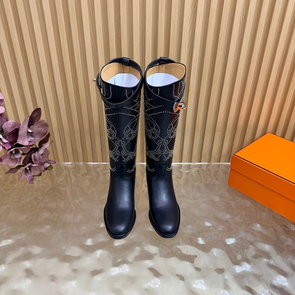Hermes 26S Studded Jumping Boots 3cm Black Leather 114945