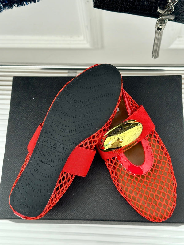 ballet flat jewel fishnet red lambskin