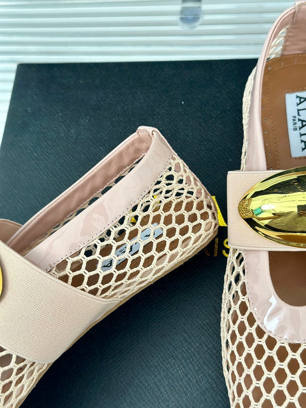 ALAIA MARY JANE SHOES IN BEIGE MESH WITH GOLD HARDWARE